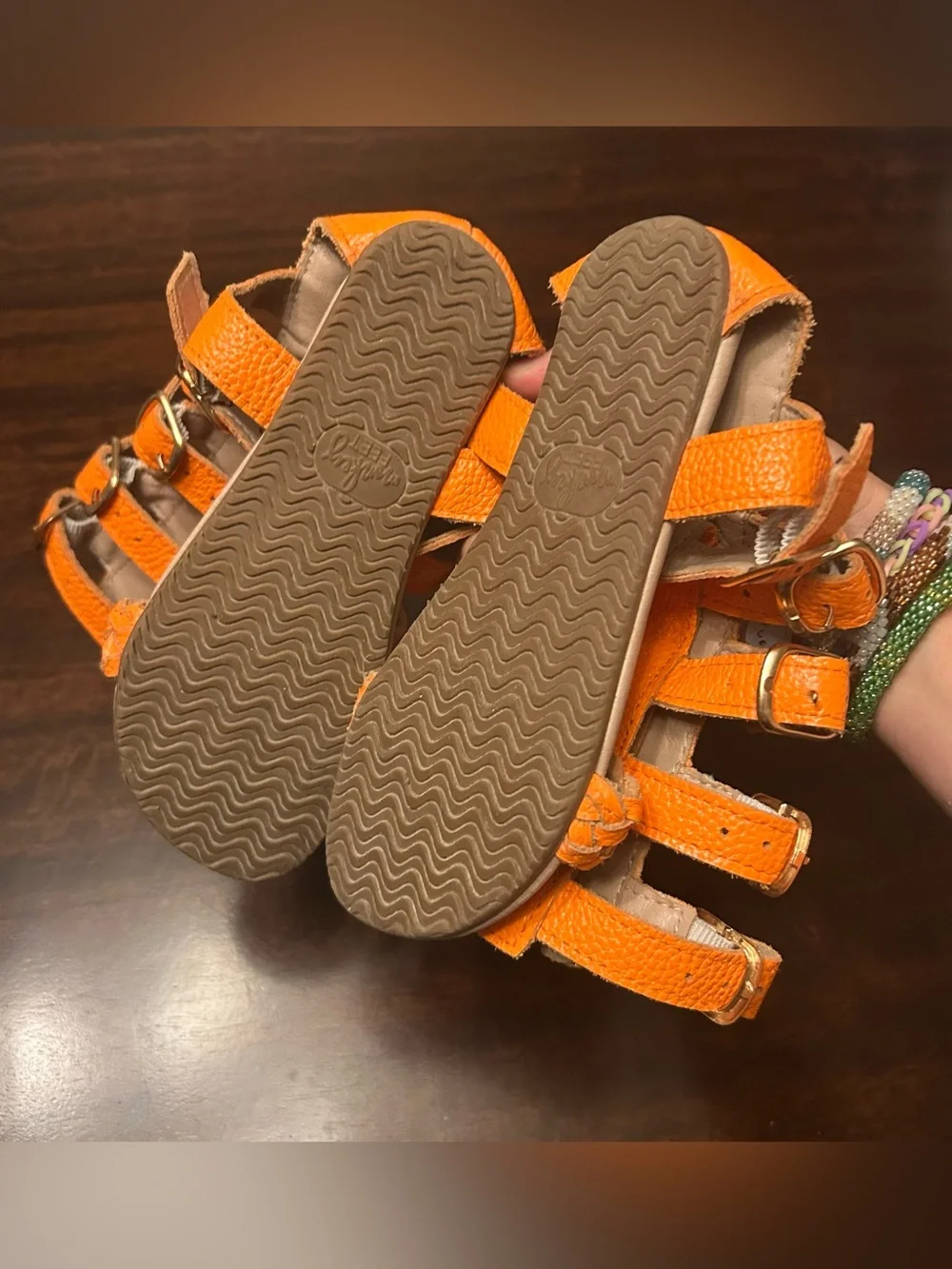 Junior girl monkey feet orange gladiator sandals size 4-5Y